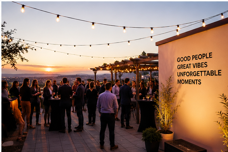 Guests at an outdoor garden party at sunset